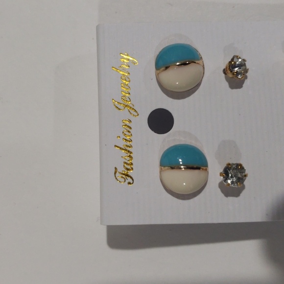 Gold Tone Blue & White Enamel Ball, Guitar, Crystal Stud Earrings Set - Women's - Picture 6 of 8